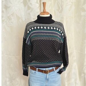 IVY‎ Fair Isle Turtleneck Sweater Black White Teal Purple Geometric Knit M